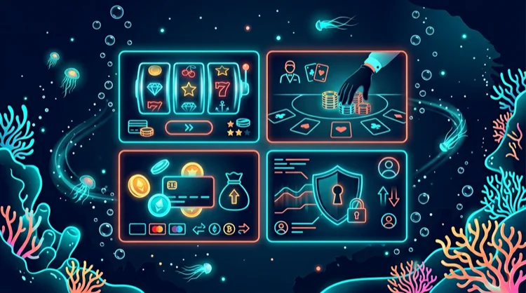 Illustration: Vier Feature-Kacheln f&uuml;r Spiele, Live-Casino, Zahlungen und Sicherheit unter Wasser.