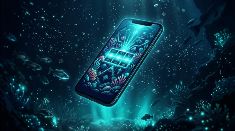 Illustration: Smartphone mit Casino-Oberfl&auml;che in leuchtender Unterwasser-Szene.