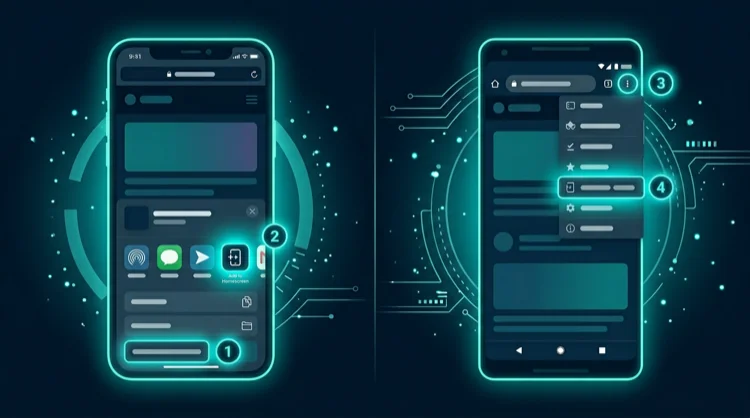 Illustration: PWA-Installation auf iPhone (Safari) und Android (Chrome) im Schritt-f&uuml;r-Schritt-Look.
