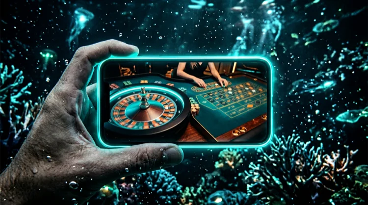 Illustration: Smartphone mit Live-Roulette-Stream in HD vor Unterwasser-Hintergrund.