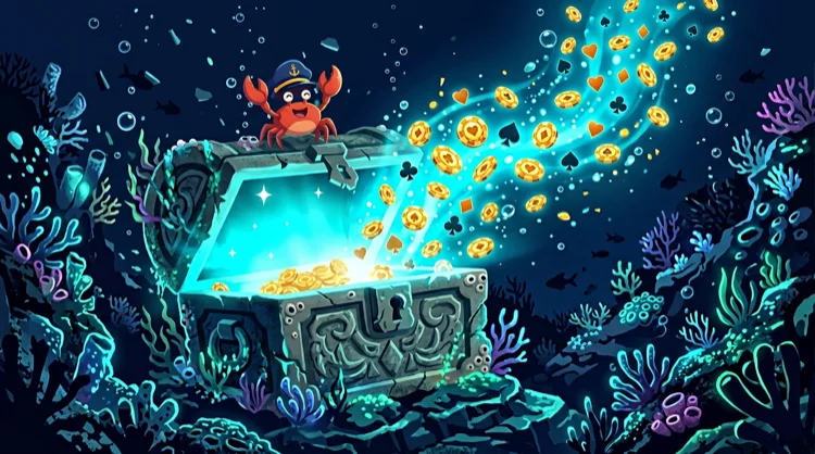 Illustration: Schatztruhe mit Bonus Crab, Jetons und Kartenfarben unter Wasser.