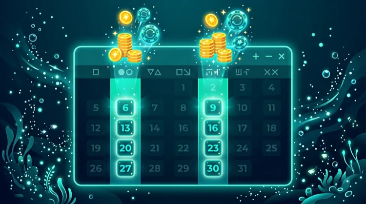 Illustration: Reload-Boni als Kalender mit M&uuml;nzen und Freispiel-Tokens unter Wasser.