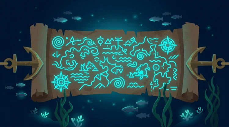 Illustration: Bonusbedingungen als leuchtende Unterwasser-Schriftrolle mit Ankern.