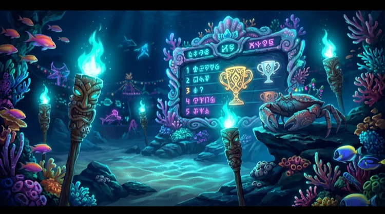 Illustration: Tiki-Turnier-Arena mit Rangliste und Krabbe unter Wasser.