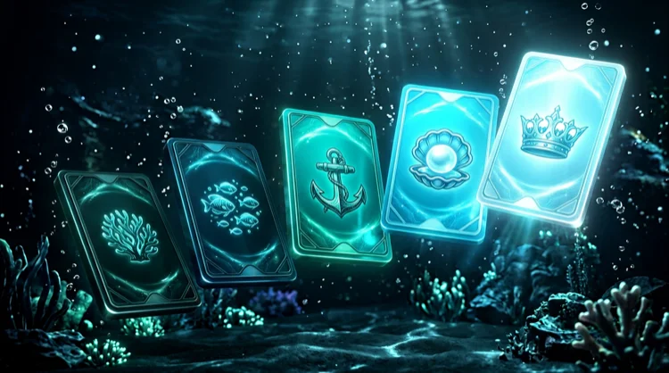 Illustration: F&uuml;nf VIP-Stufen als leuchtende Karten im Luxus-Tiefsee-Design.