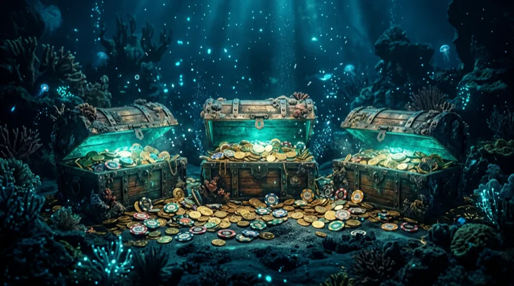 Illustration: Drei Willkommens-Schatztruhen mit M&uuml;nzen und Token unter Wasser.