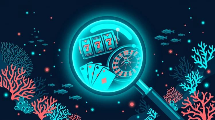 Illustration: Casino-Review-Banner mit Lupe, Walzen und Roulette unter Wasser.