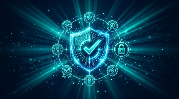 Illustration: Lizenz, SSL und Vertrauen als leuchtendes Schild unter Wasser.