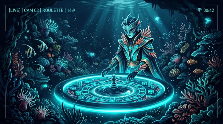 Illustration: Live-Casino mit Roulette-Tisch in Unterwasser-Atmosph&auml;re.