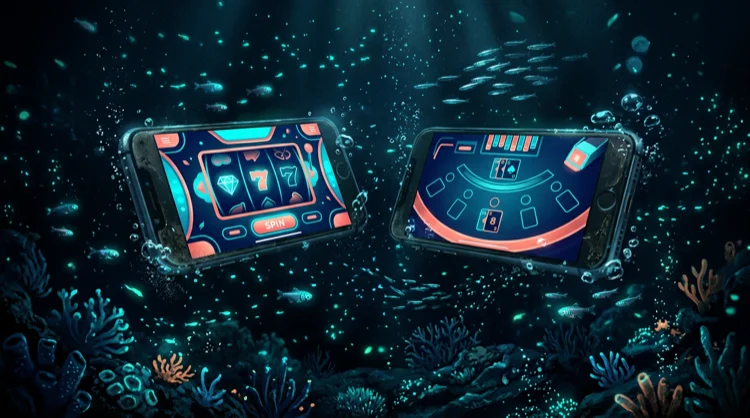 Illustration: Zwei Smartphones mit Casino-Oberfl&auml;che unter Wasser.