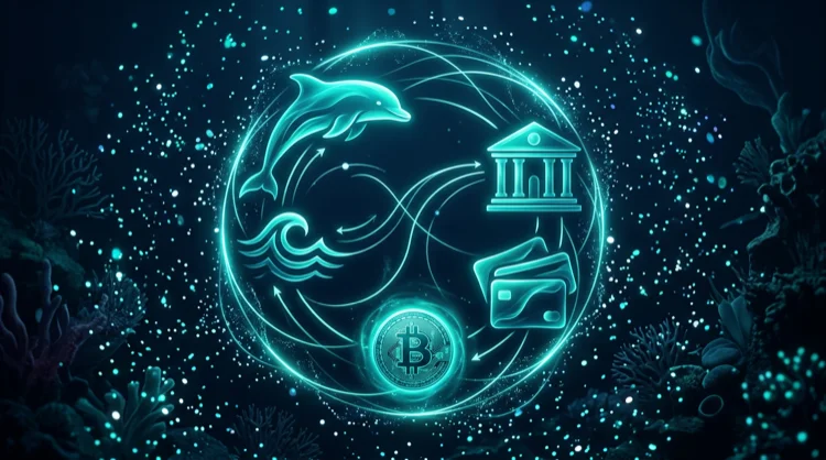 Illustration: Zahlungsmethoden als abstrakte Symbole im Unterwasser-FinTech-Stil.