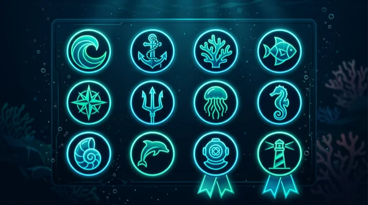 Illustration: Software-Anbieter als leuchtende Meeres-Embleme auf dunklem Panel.