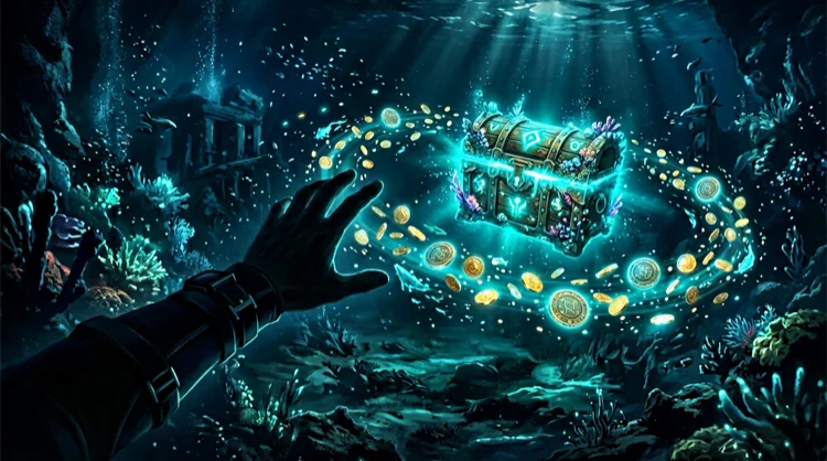 Illustration: Bonus-Truhe und Freispiel-Tokens unter Wasser.