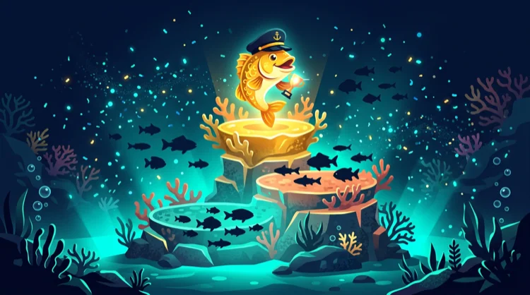 Illustration: Casino-Vergleich als Unterwasser-Siegerpodest mit Fisch-Silhouetten.