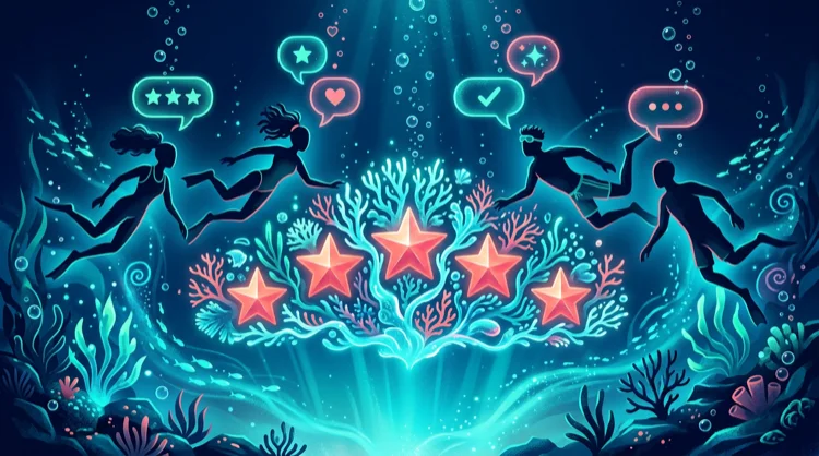 Illustration: abstrakte Spieler-Silhouetten und Sternebewertung als Unterwasser-Szene mit Korallen.