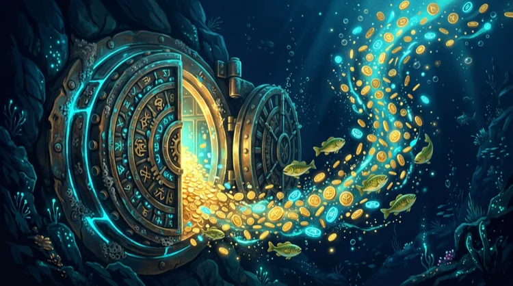 Illustration: Unterwasser-Bankschlie&szlig;fach und M&uuml;nzen als Symbol f&uuml;r schnelle Auszahlungen.