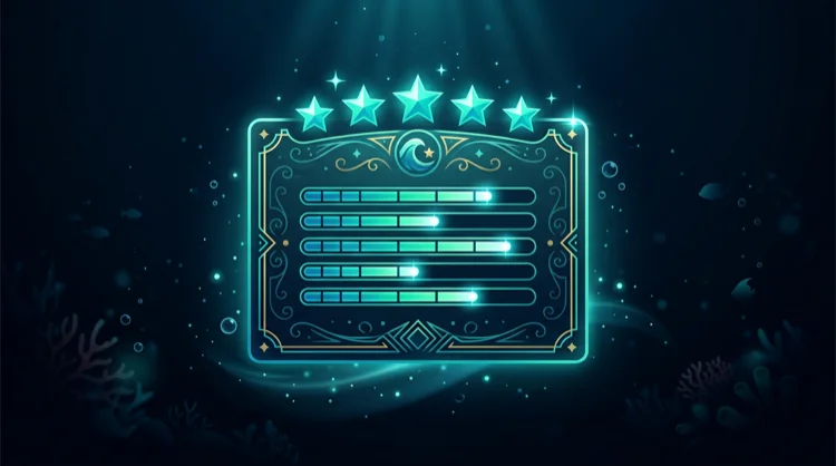 Illustration: Redaktionelle Gesamtbewertung als Unterwasser-Preiskarte mit Sternen und Balken.