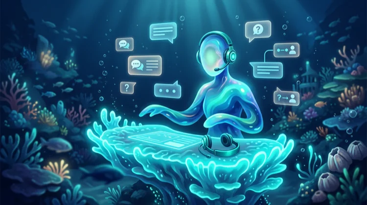 Illustration: Kundensupport als Unterwasser-Schreibtisch mit Chat-Sprechblasen.