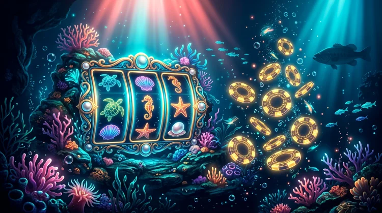 Illustration: Tiefsee-Casino mit leuchtenden Spielautomaten und Jetons unter Wasser.