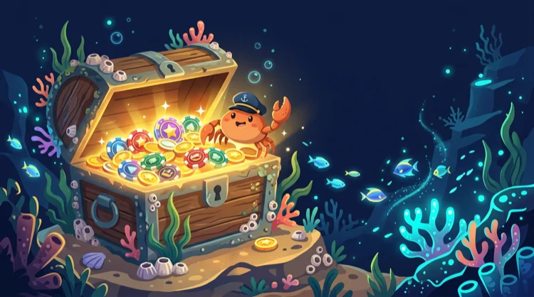 Illustration: Willkommensbonus mit Schatztruhe, Jetons und Bonus Crab unter Wasser.