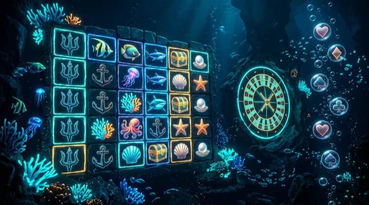 Illustration: Spielangebot als leuchtendes Mosaik aus Casino-Symbolen im Tiefsee-Stil.