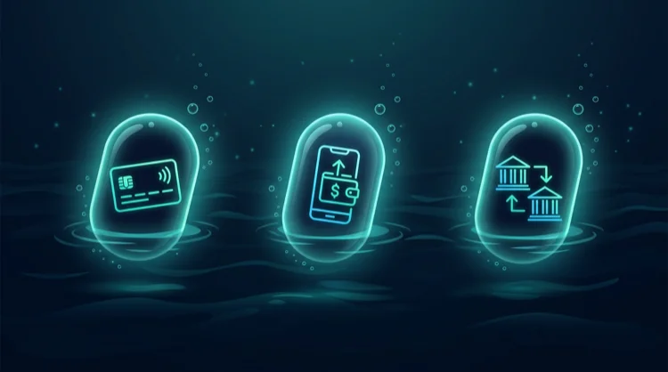 Illustration: Zahlungsmethoden als abstrakte Symbole in leuchtenden Unterwasser-Kapseln.