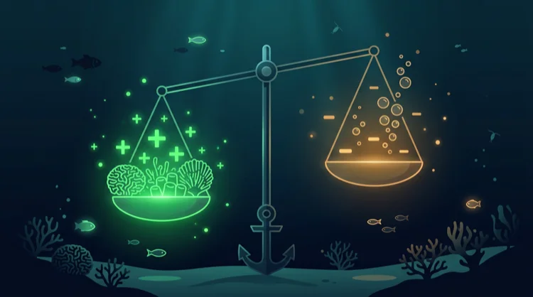 Illustration: St&auml;rken und Schw&auml;chen als Waage mit Plus- und Minus-Symbolen unter Wasser.